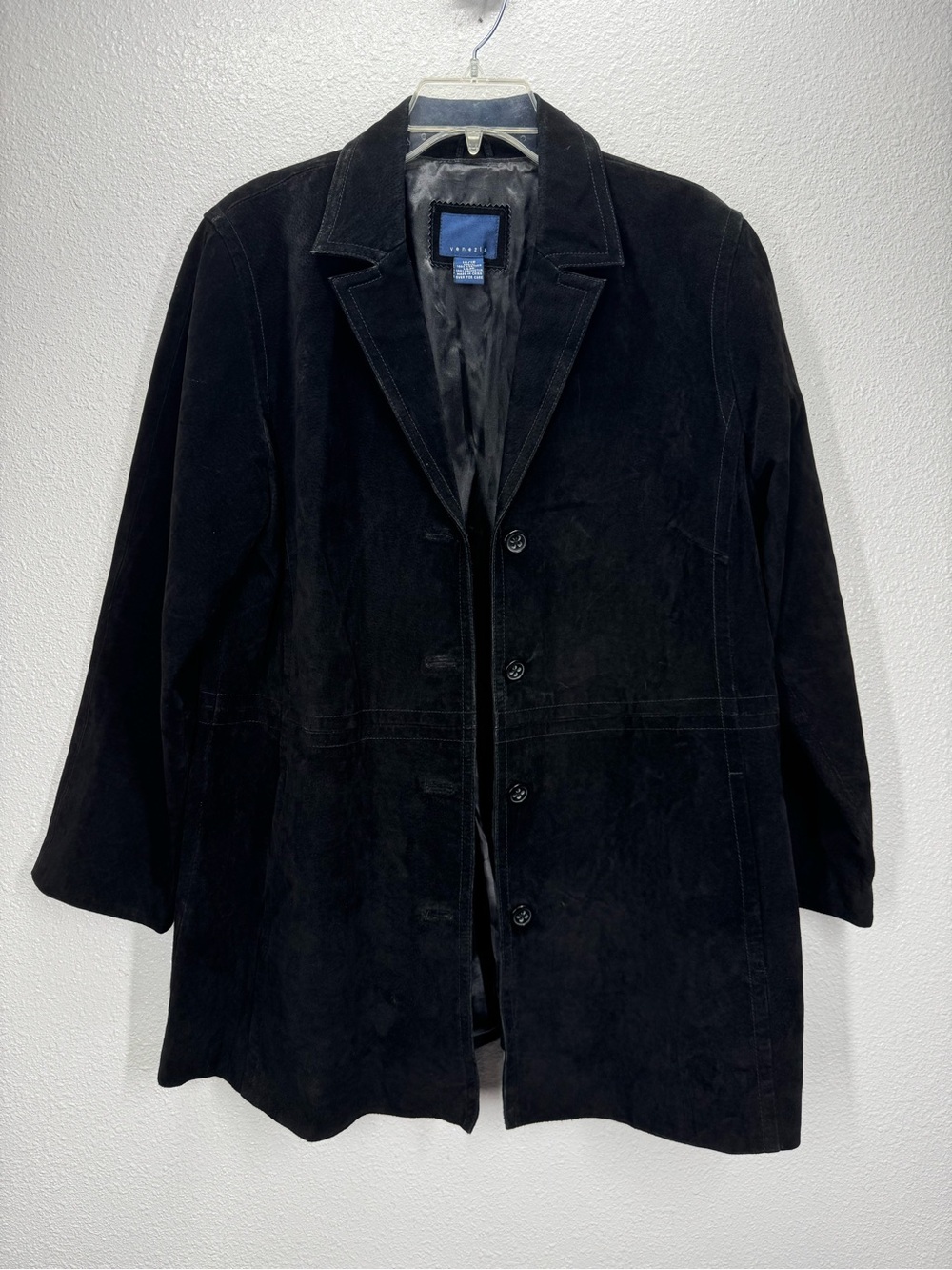 Venezia Black Suede Leather Coat Button Up 14/16